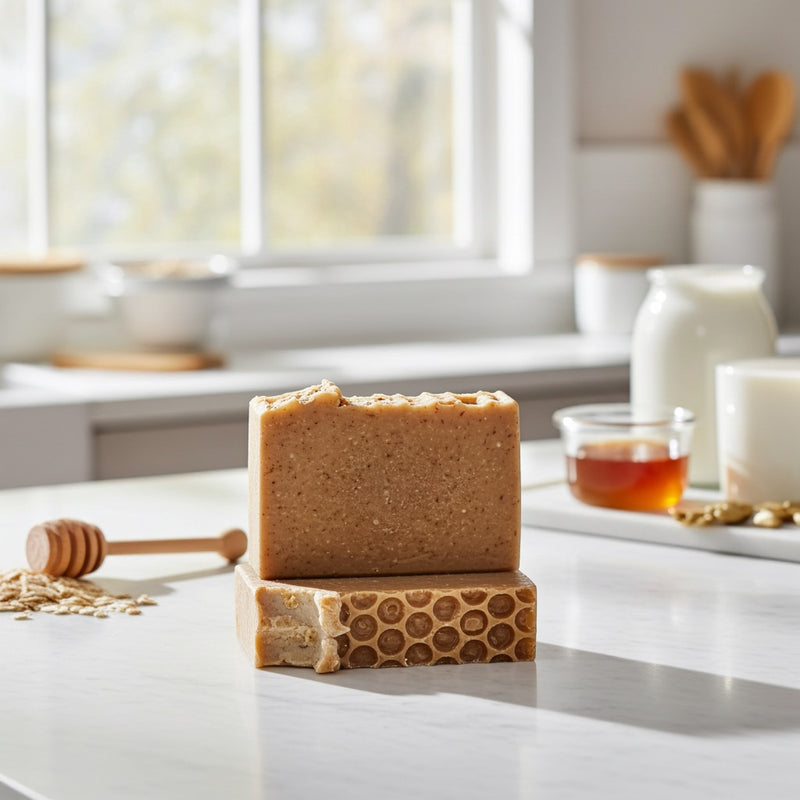 Two honeycomb-patterned soap bars on a white surface with a kitchen background.