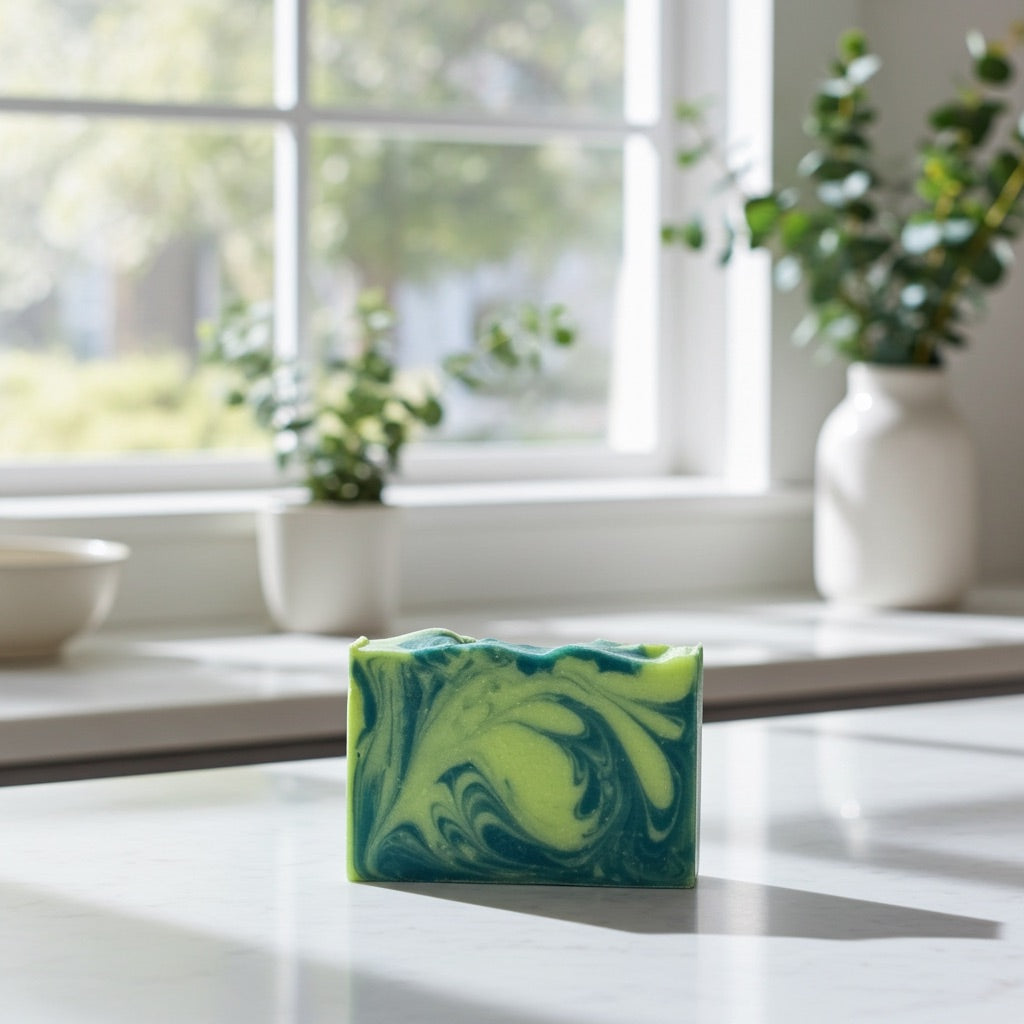 Green and blue marbled soap on a white surface with a window and plants in the background