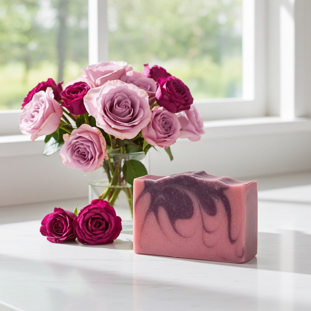 A rectangular bar of Dewy Rose pink soap with dark purple marbled swirls sits on a white windowsill next to a glass vase of pink and magenta roses.