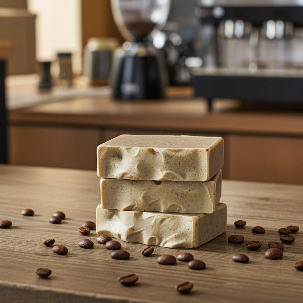 Stack of coffee-scented soap bars on a wooden surface with scattered coffee beans, blurred kitchen background.