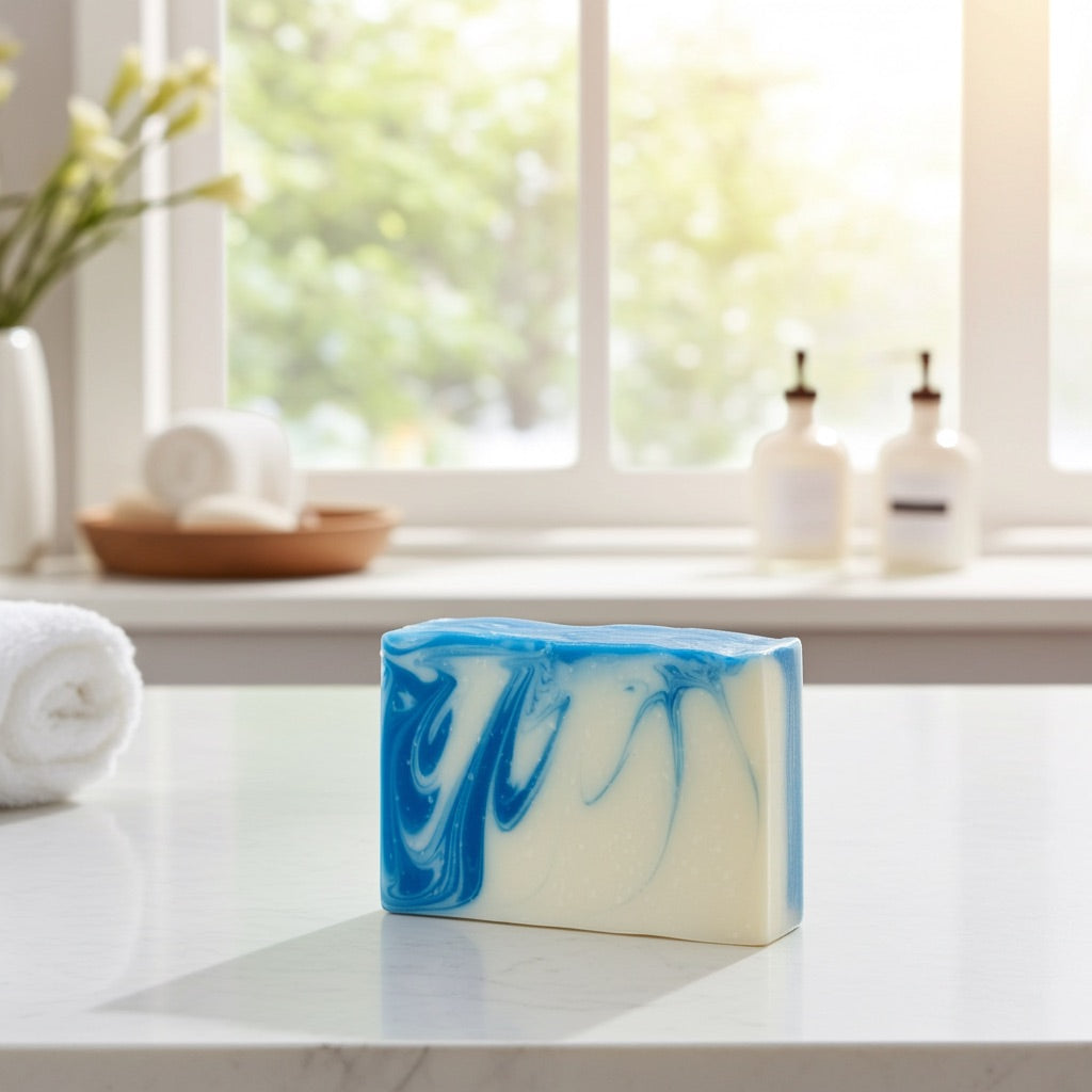 Bar of soap with blue and white swirls on a bathroom counter with a window in the background..