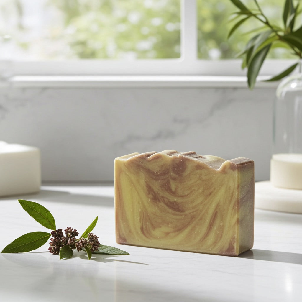 Swirled soap bar on a white surface with green leaves and flowers.