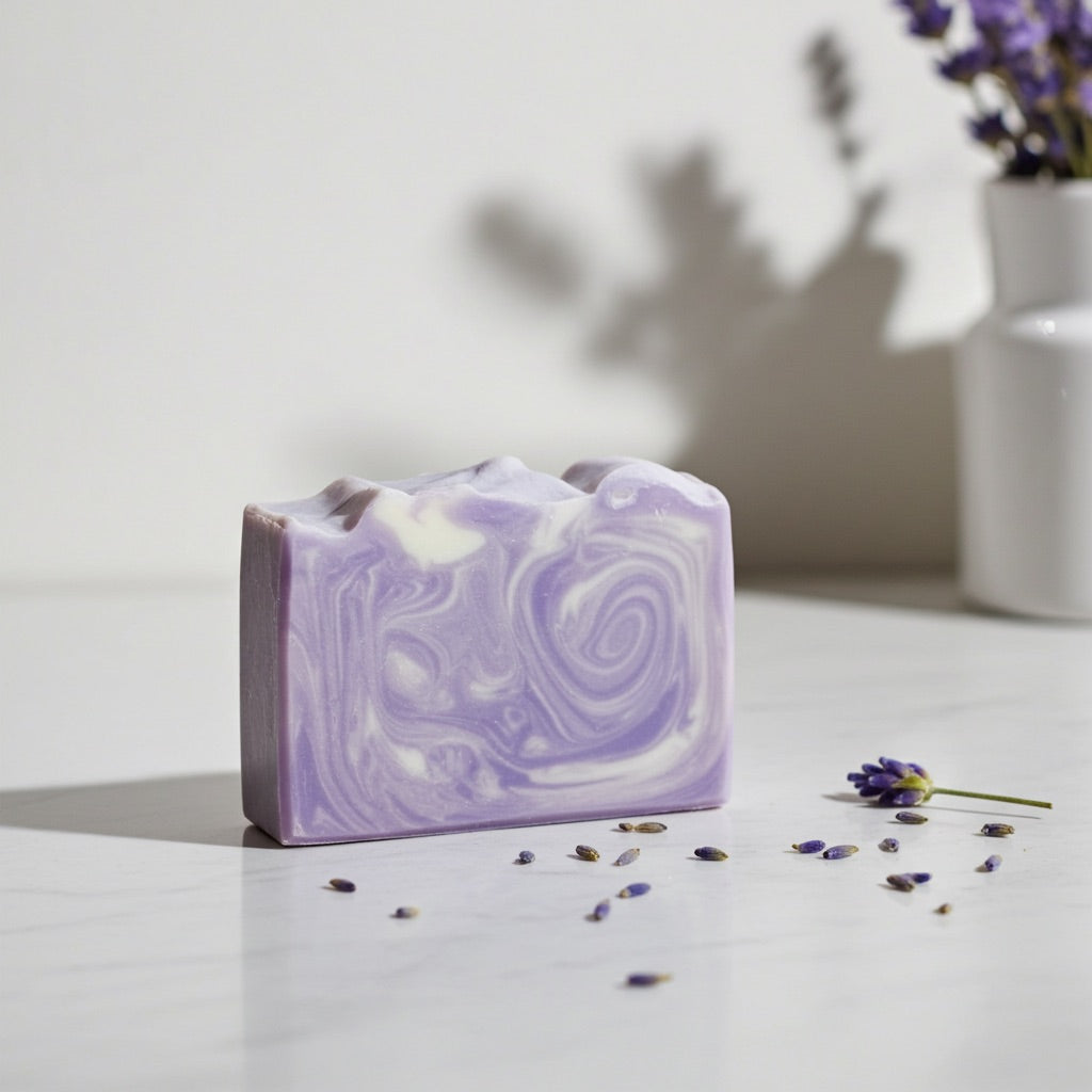 Purple and white swirled soap bar on a light surface with scattered lavender flowers.