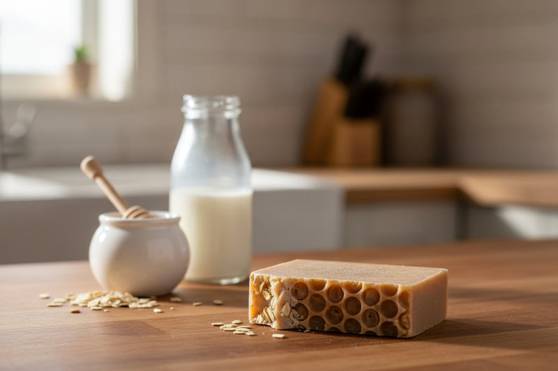 Block of honeycomb-patterned soap on a wooden surface with a jar of milk and a small container of honey in the background.