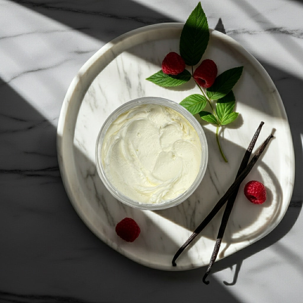 Jar of Raspberry and Vanilla body butter on a marble plate with raspberries and vanilla beans