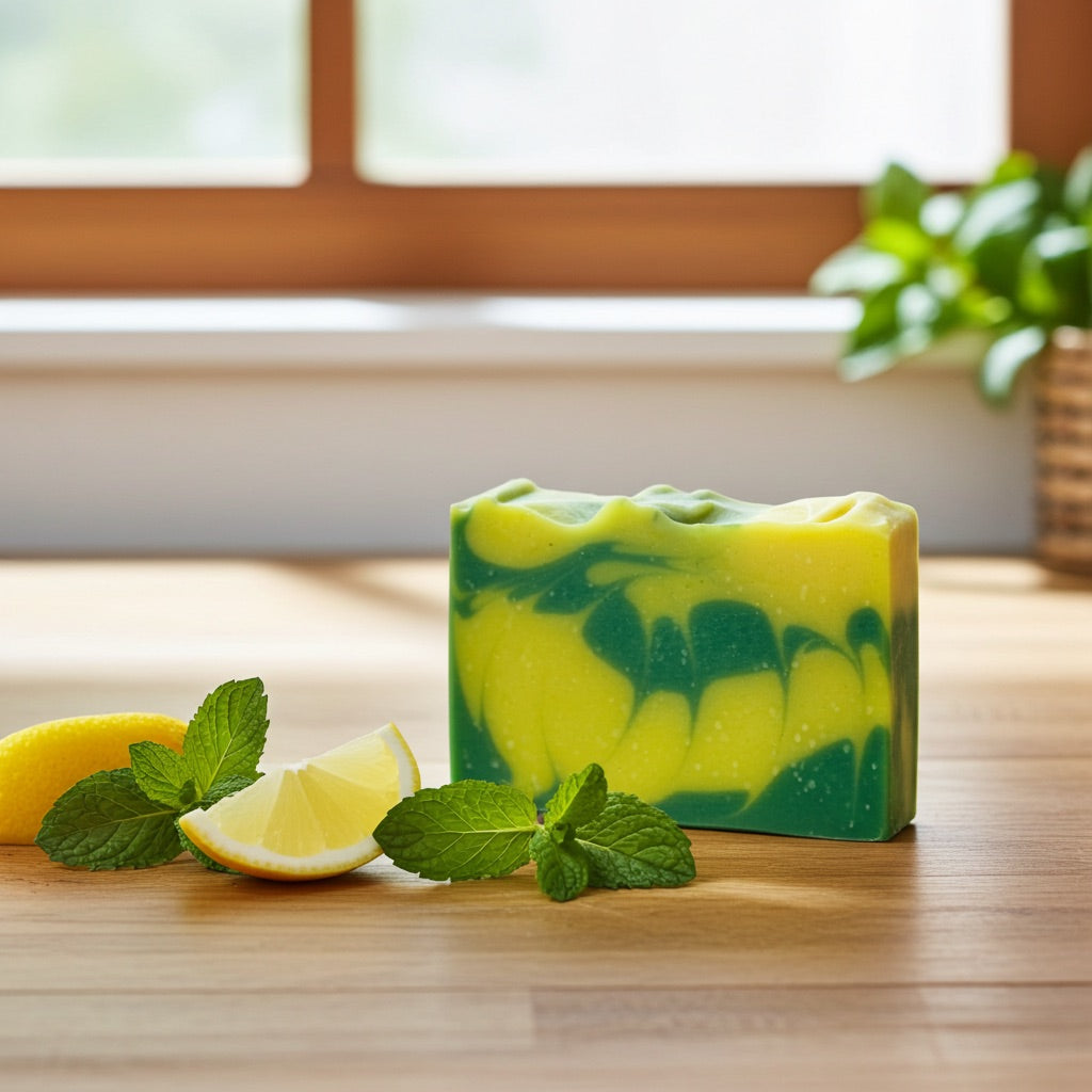 Green and yellow soap bar with lemon slices and mint leaves on a wooden surface.