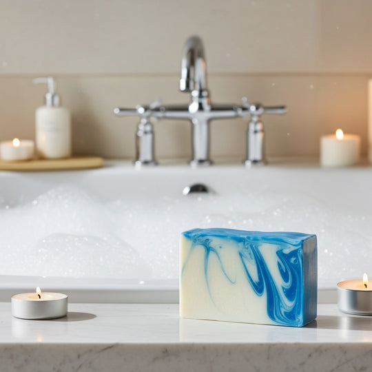 Blue and white marbled soap bar on a bathroom counter with a bathtub and candles in the background.