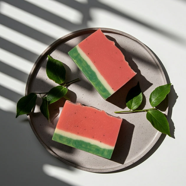 Two handmade watermelon-themed soap bars on a plate with green leaves, casting shadows on a light background.