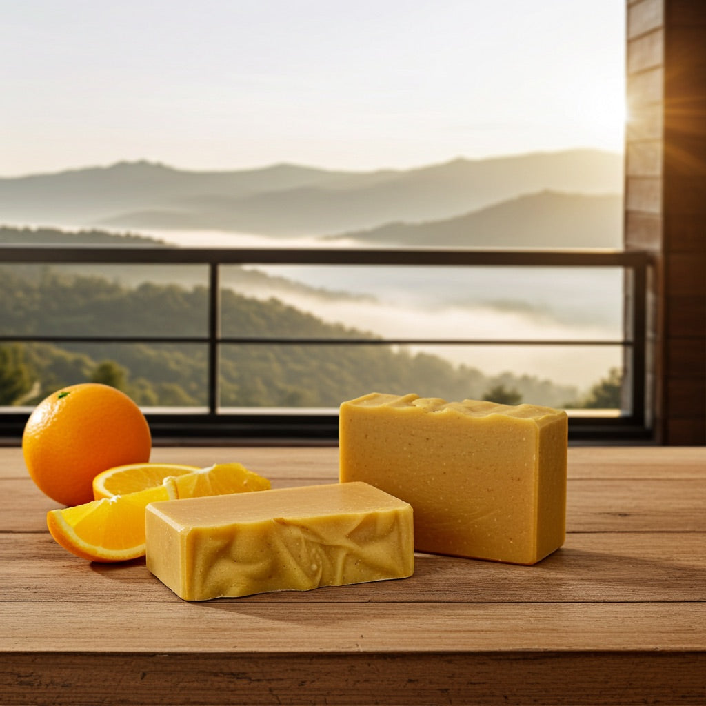 Two bars of yellow and orange sunrise soap with oranges on a wooden surface with a scenic background