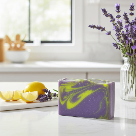 A rectangular bar of lavender and yellow marbled soap sits on a white countertop in a bright kitchen setting, with lemon slices, lavender sprigs, and a vase of purple lavender flowers nearby.