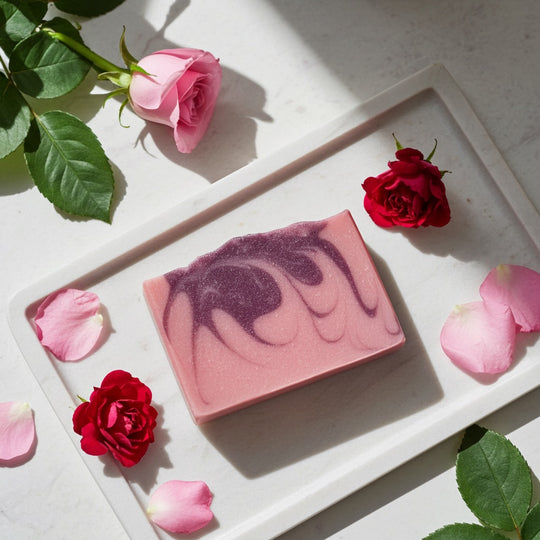 A rectangular pink Dewy Rose soap bar with a dark purple marbled swirl pattern, presented on a white tray decorated with pink rose petals, red roses, and green leaves under soft natural sunlight.