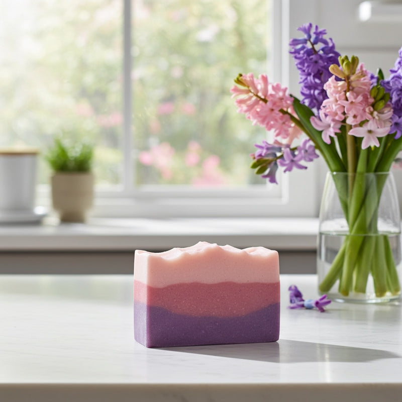 Two-toned pink and purple hyacinth soap bar on a white surface with flowers in the background