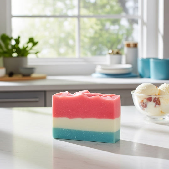 Colorful triple layered soap bar on a kitchen counter with a window and plants in the background
