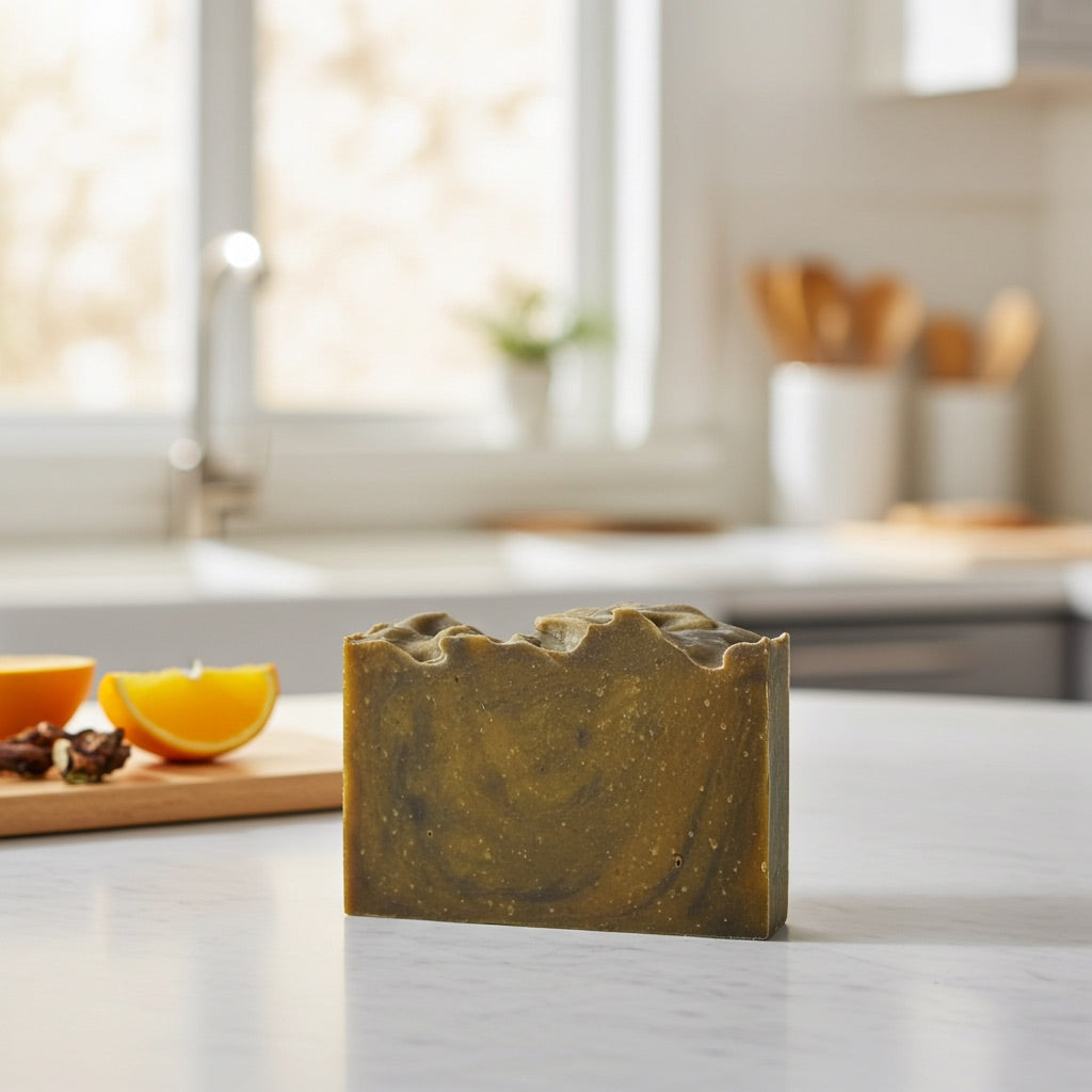 Bar of orange and patchouli soap on a kitchen counter with a blurred background