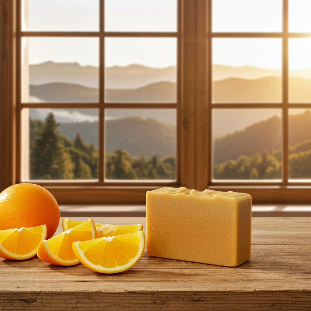 Bar of sunrise soap and sliced oranges on a wooden surface with a window view of mountains.