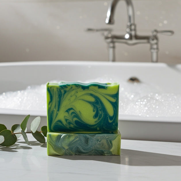 Green and white swirled soap bar on a bathroom counter with a bathtub in the background.