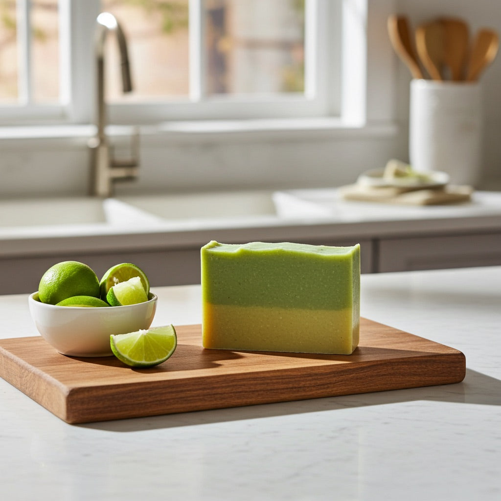 Green soap bar on a wooden cutting board with limes and a bowl in a kitchen setting