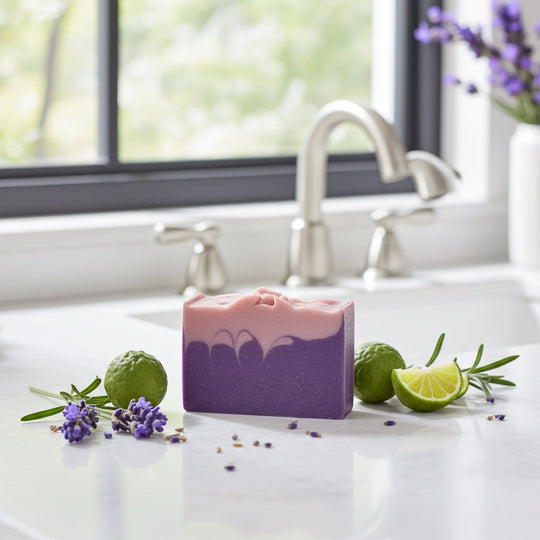 Handmade purple and pink lavender and bergamot soap bar with lavender and limes on a white surface