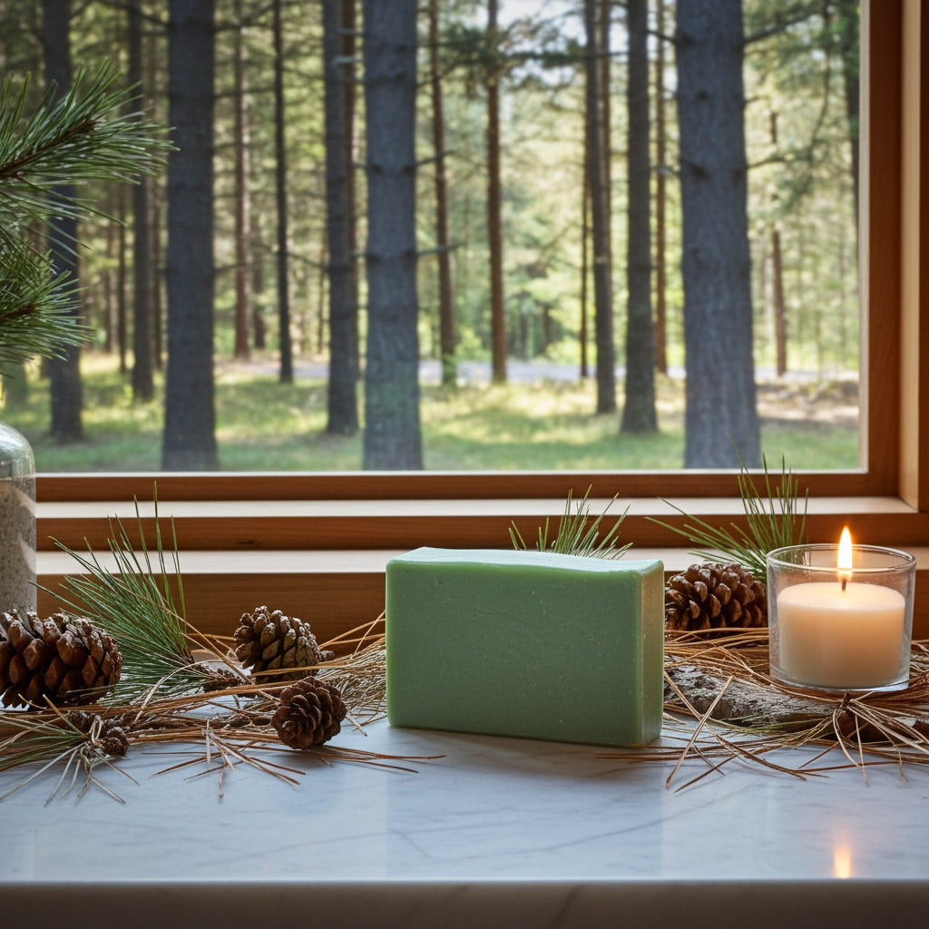 Decorative setup with a green Carolina Forest soap, candle, and pinecones on a windowsill with a forest view.