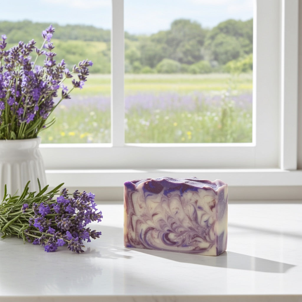 Bar of soap with purple swirls on a windowsill with lavender flowers and a view of a lavender field.