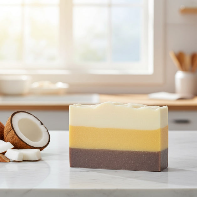 Three-layered coconut sandalwood soap bar with coconut pieces on a kitchen counter