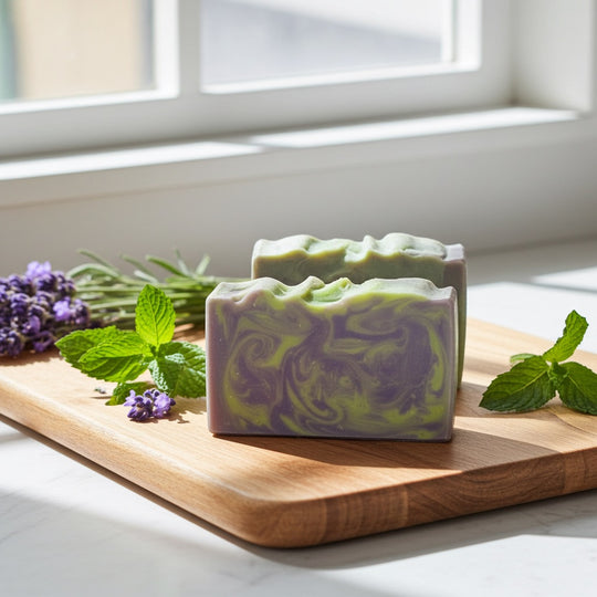 Two bars of green and purple lavender mint soap on a wooden cutting board with lavender and mint leaves, placed on a light surface with a window in the background.