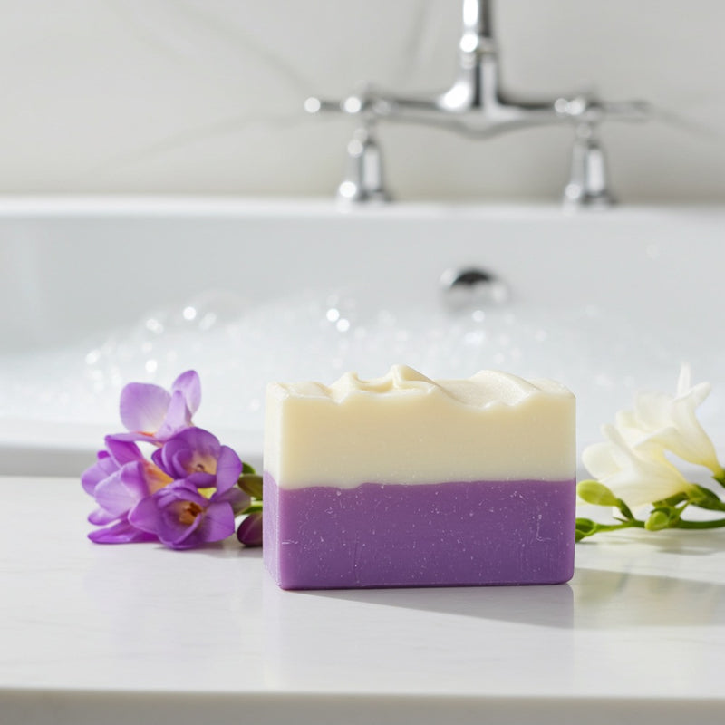 Two-tone Freesia soap bar with purple and white on a bathroom counter with flowers and bathtub faucet in the background.
