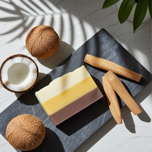 A rectangular layered coconut sandalwood soap bar in off-white, yellow, and brown sits on a dark slate tray, styled with two whole coconuts, a halved coconut, and three wooden pieces of sandalwood on a light marble surface with leaf shadows.