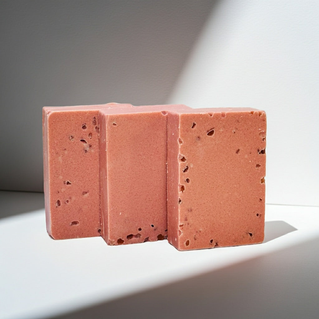 Three pink Rose Clay soap bars with a textured surface on a white background