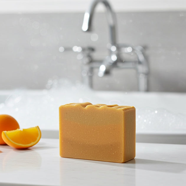 Bar of sunrise soap on a bathroom counter with orange slices and a faucet in the background