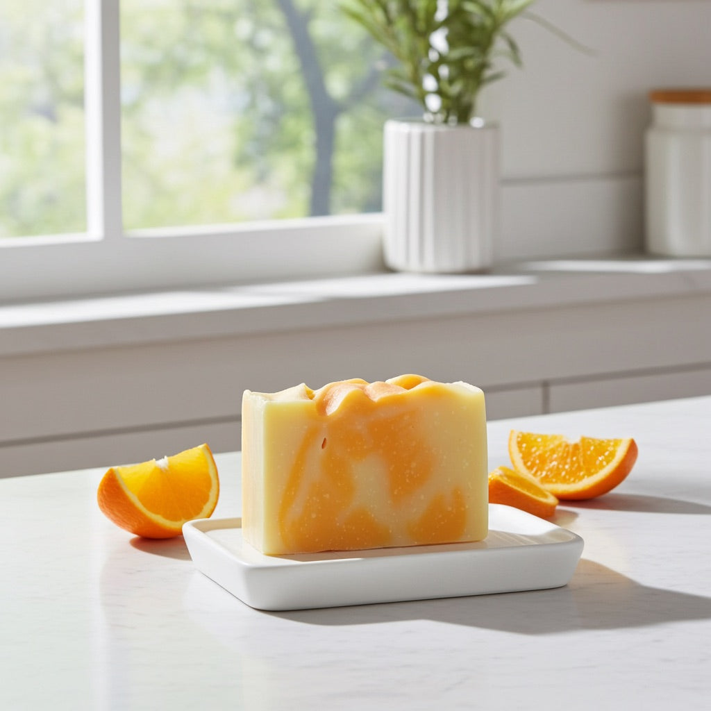 Bar of cedar and citrus soap with orange slices on a white surface near a window