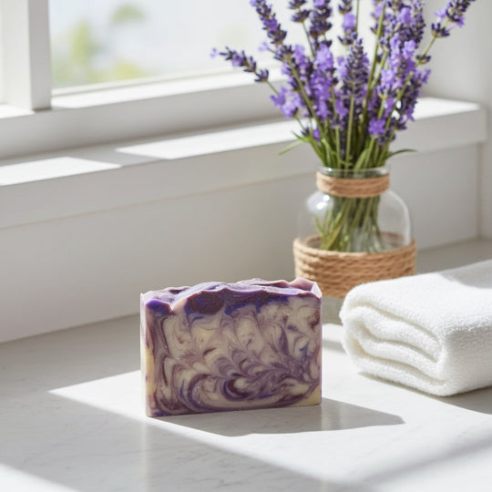 Bar of soap with purple swirls, lavender flowers in a jar, and a white towel on a light surface.