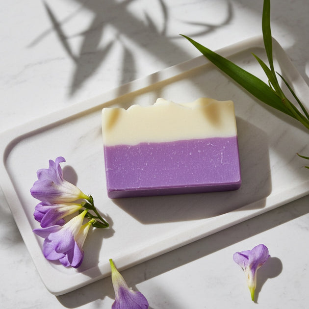 Purple and white Freesia soap bar on a white plate with purple flowers on a light background.