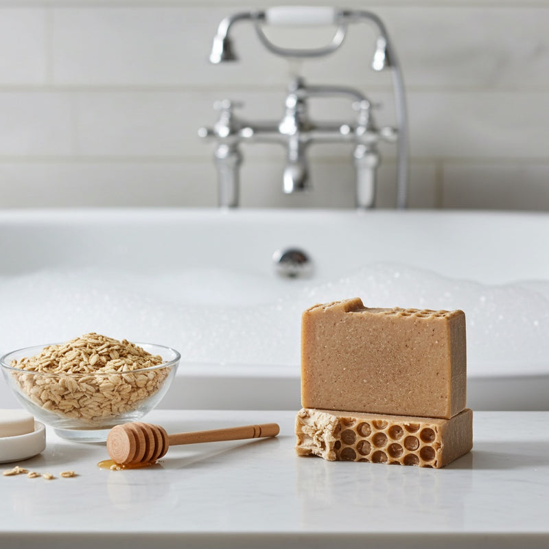 Bar of brown soap with honeycomb design on a white surface, next to a bowl of oats and a honey dipper, with a bathtub and faucet in the background.