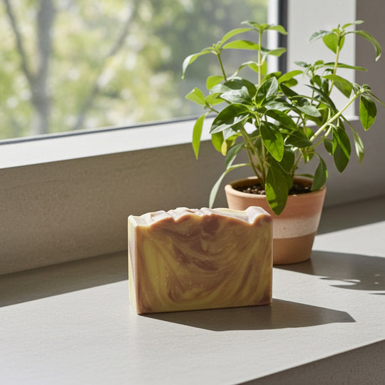 Marbled soap bar on a windowsill with a potted plant