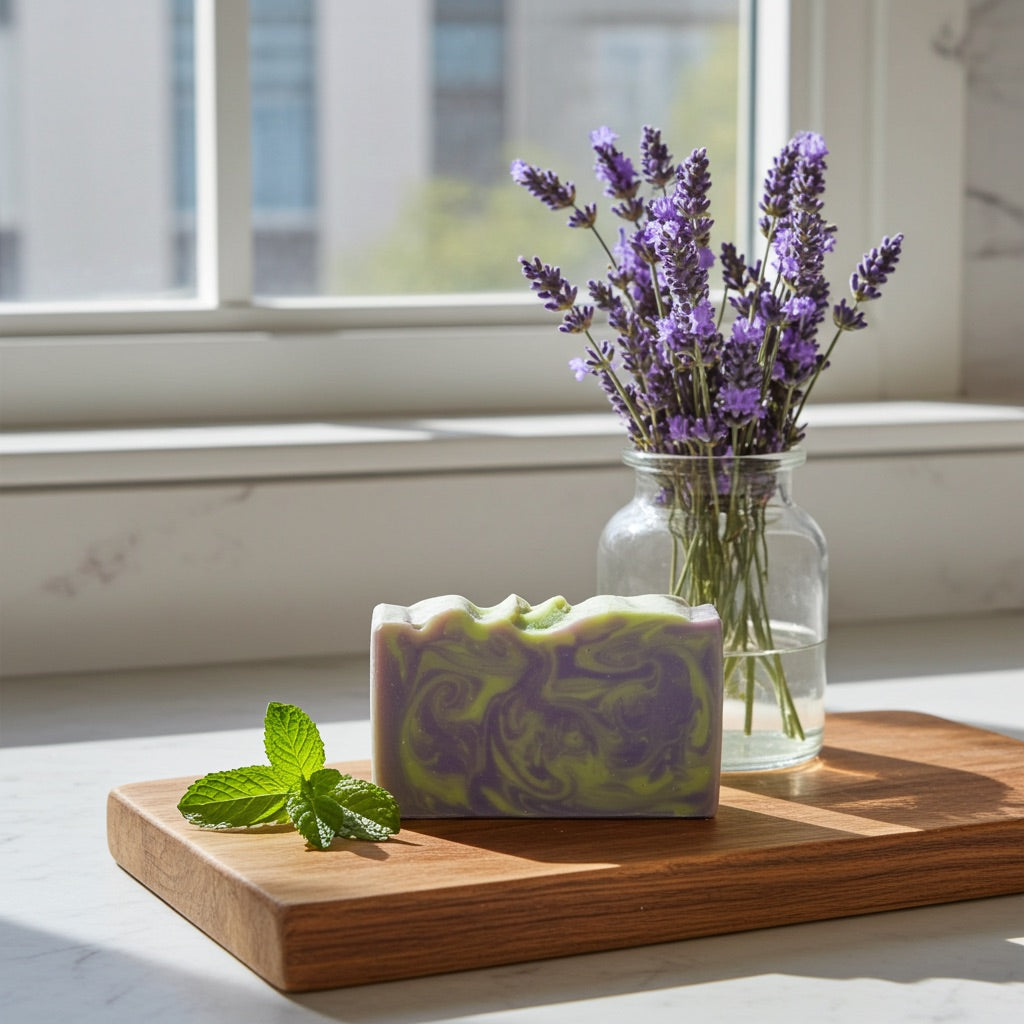 Bar of lavender mint soap with purple design on a wooden cutting board next to a jar of lavender flowers by a window.