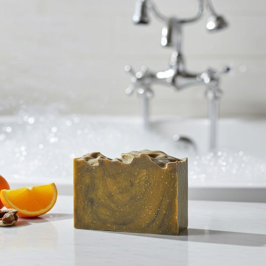 Bar of orange and patchouli soap on a bathroom counter with an orange and nuts, and a blurred bathtub and faucet in the background.