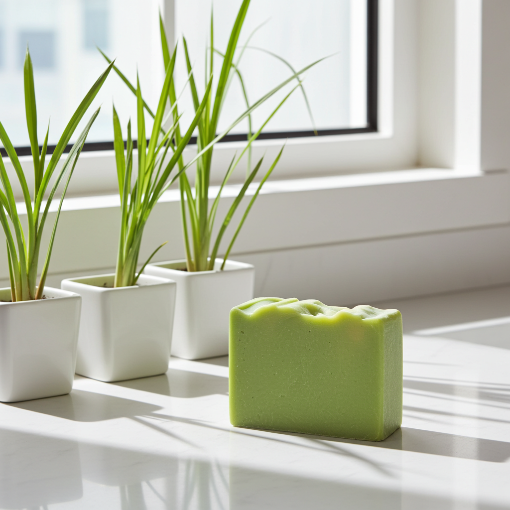 Green bar of lemongrass and eucalyptus soap on a white surface with plants in the background